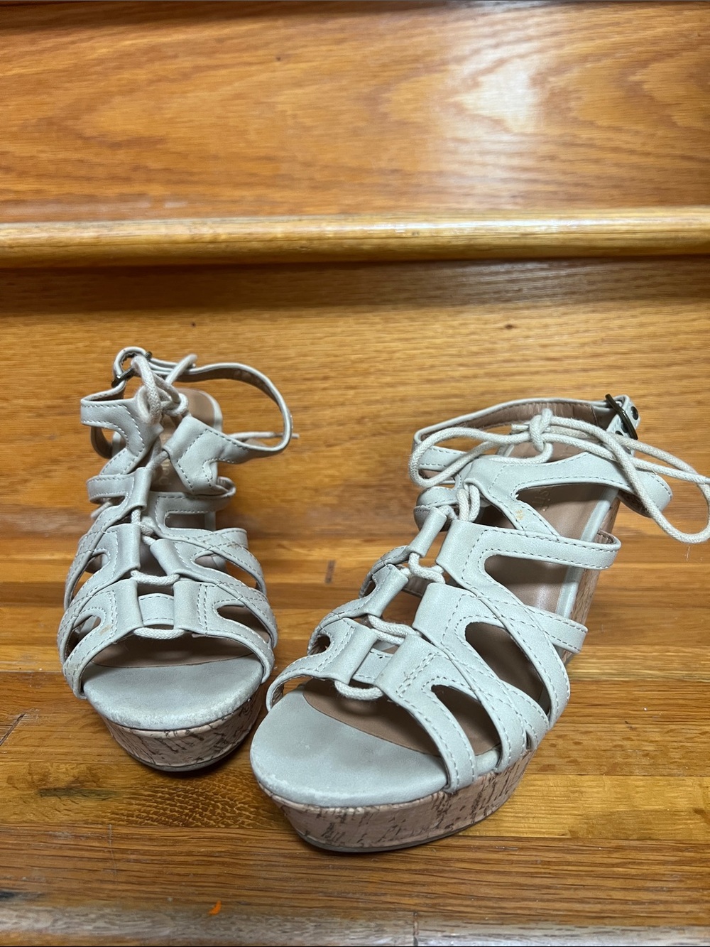 Cityclassified Light Beige Lace-Up Cork Wedge Sandals
